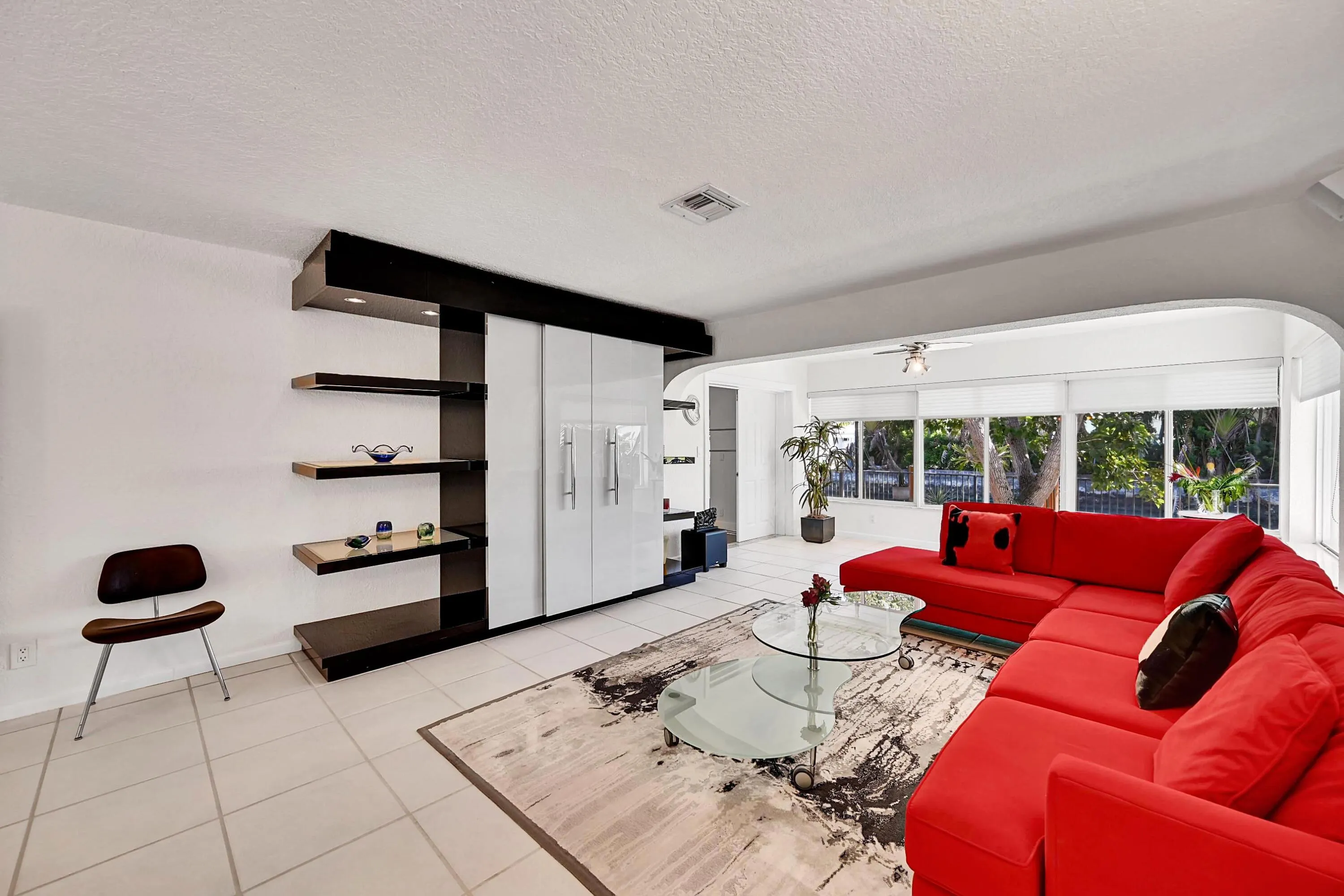 Media family room with waterfront views