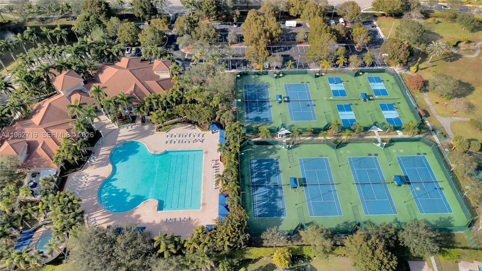 Aerial View of Pool and Tennis Court
