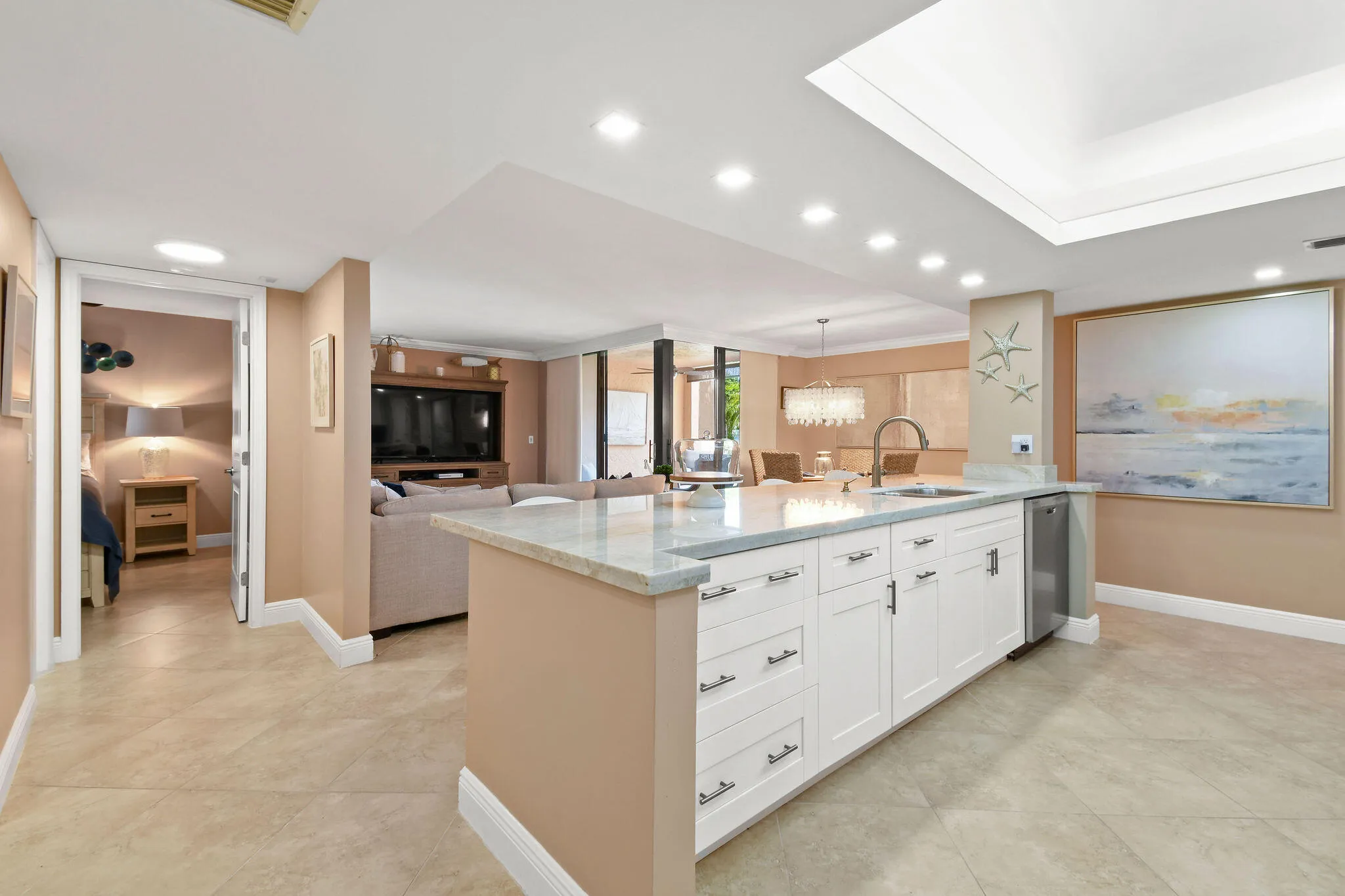OPEN CONCEPT KITCHEN WITH CUSTOM 3INCH CALCUTTA QUARTZ COUNTER TOPS