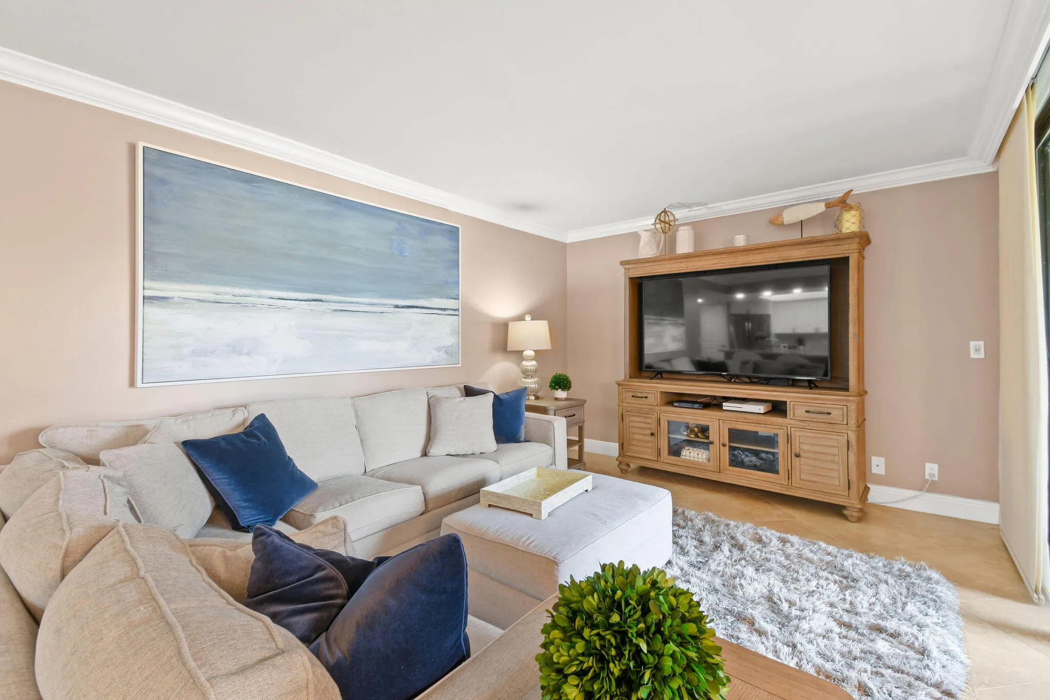 INDOOR/OUTDOOR LIVING WITH LARGE SLIDING GLASS DOOR OUT TO PATIO FROM LIVING AREA - COZY FURNISHINGS, LARGE HIGH DEF TV