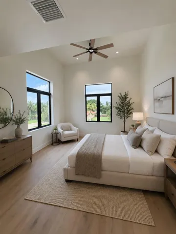 High ceiling bedroom. AI Staged