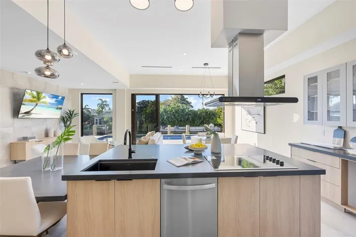 Open-concept kitchen featuring an island with integrated sink, cooktop, and dishwasher