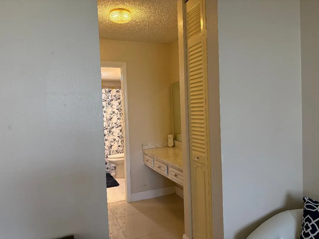 Linen closet and vanity into bathroom