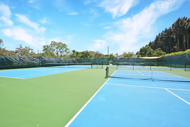 Tennis court plus pickleball courts next to clubhouse.