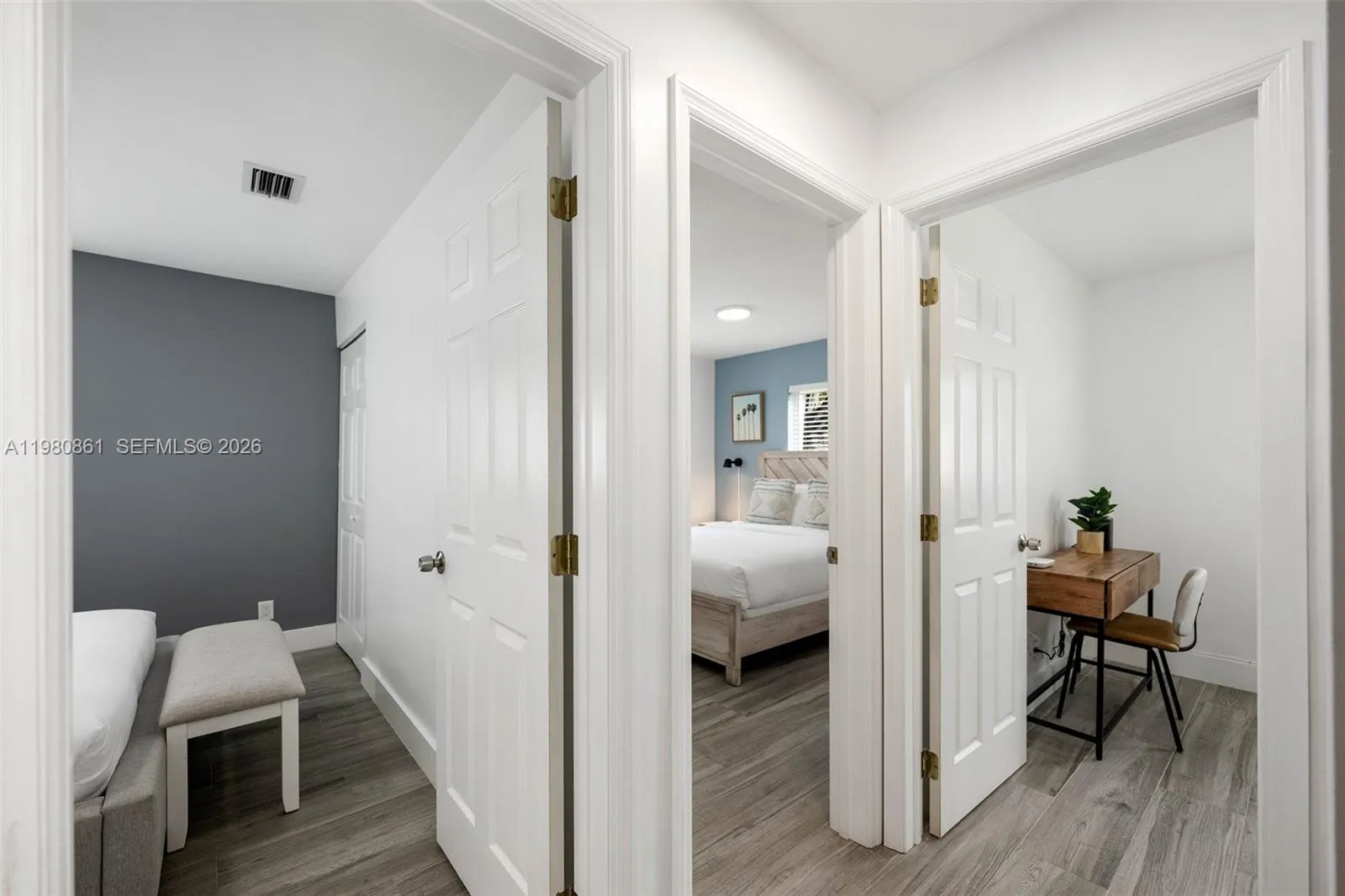 Thoughtfully designed bedroom wing offering seamless flow between private sleeping spaces and access to bedrooms 2,3,and 4, unified by refined finishes, soft natural light, and a cohesive luxury aesthetic—ideal for elevated living and versatile lifestyle needs.