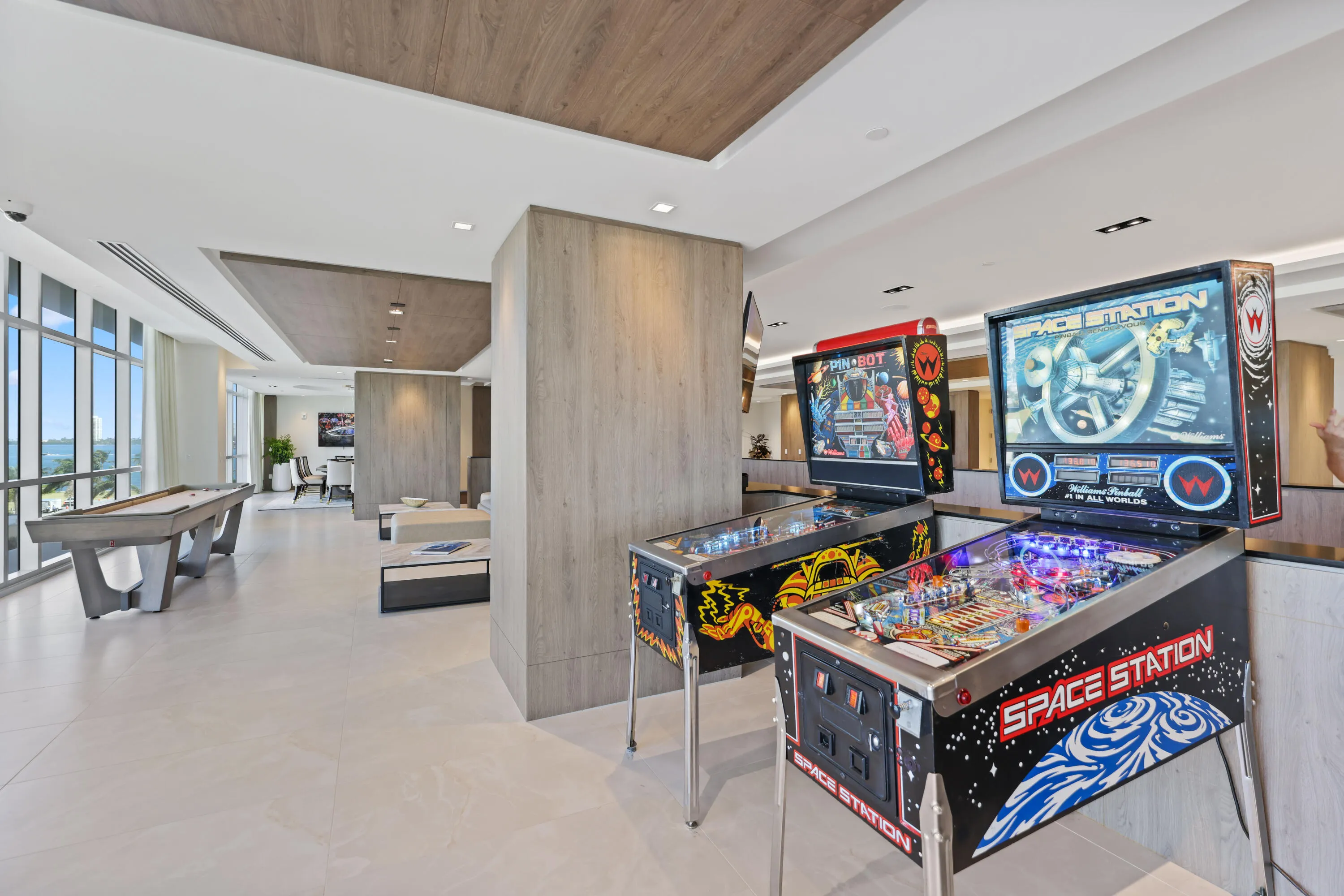 rec room pinball machines and shuffleboard table