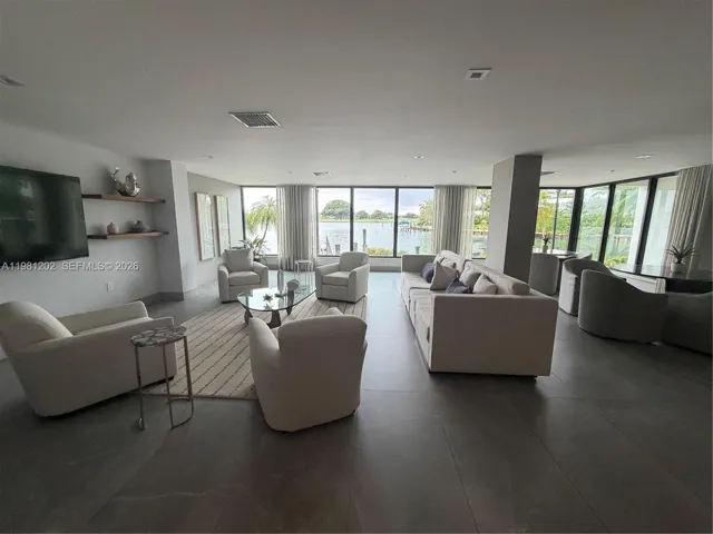 community social room with full view of Indian creek island and Biscayne bay