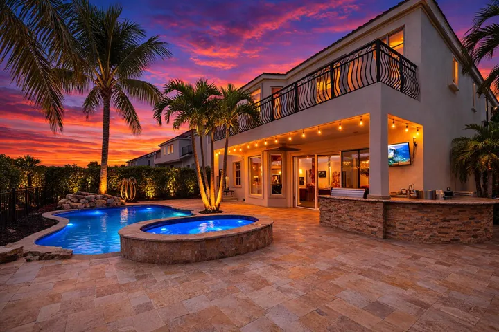 Twilight view of the back yard pool and spa at this luxury home in Olympia the Easton subdivision in Wellington Florida listed by Brian Wilder of The Wilder Real Estate Group