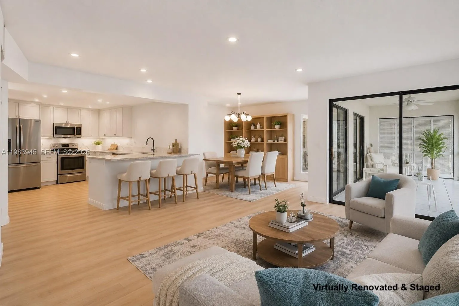 Option 1 of living room set up. Image virtually renovated & staged to help buyers visualize possible updates.