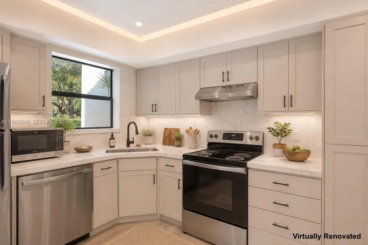 Image virtually renovated & staged to help buyers visualize possible updates. The kitchen is currently in its original condition, with the exceptions of the appliances.
