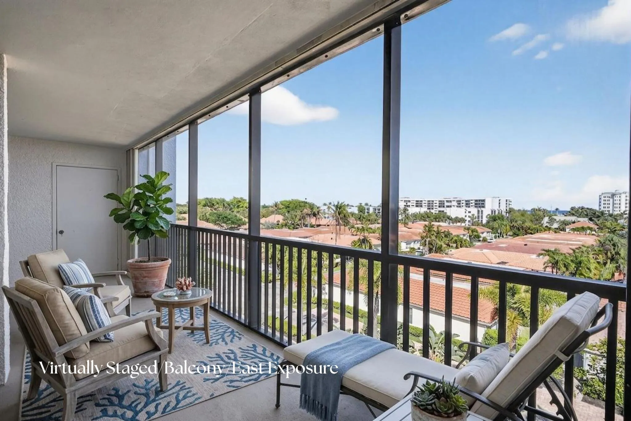 Access to balcony from living area, primary bedroom and second bedroom