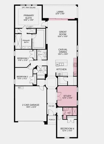 Floor Plan - Additional Highlights Include: gourmet kitchen, flush mount LED lights at great room, shower at bath 3, study, 8' interior doors, pocket door at primary bath, pocket sliding glass door, whole house impact windows, and tile in primary suite