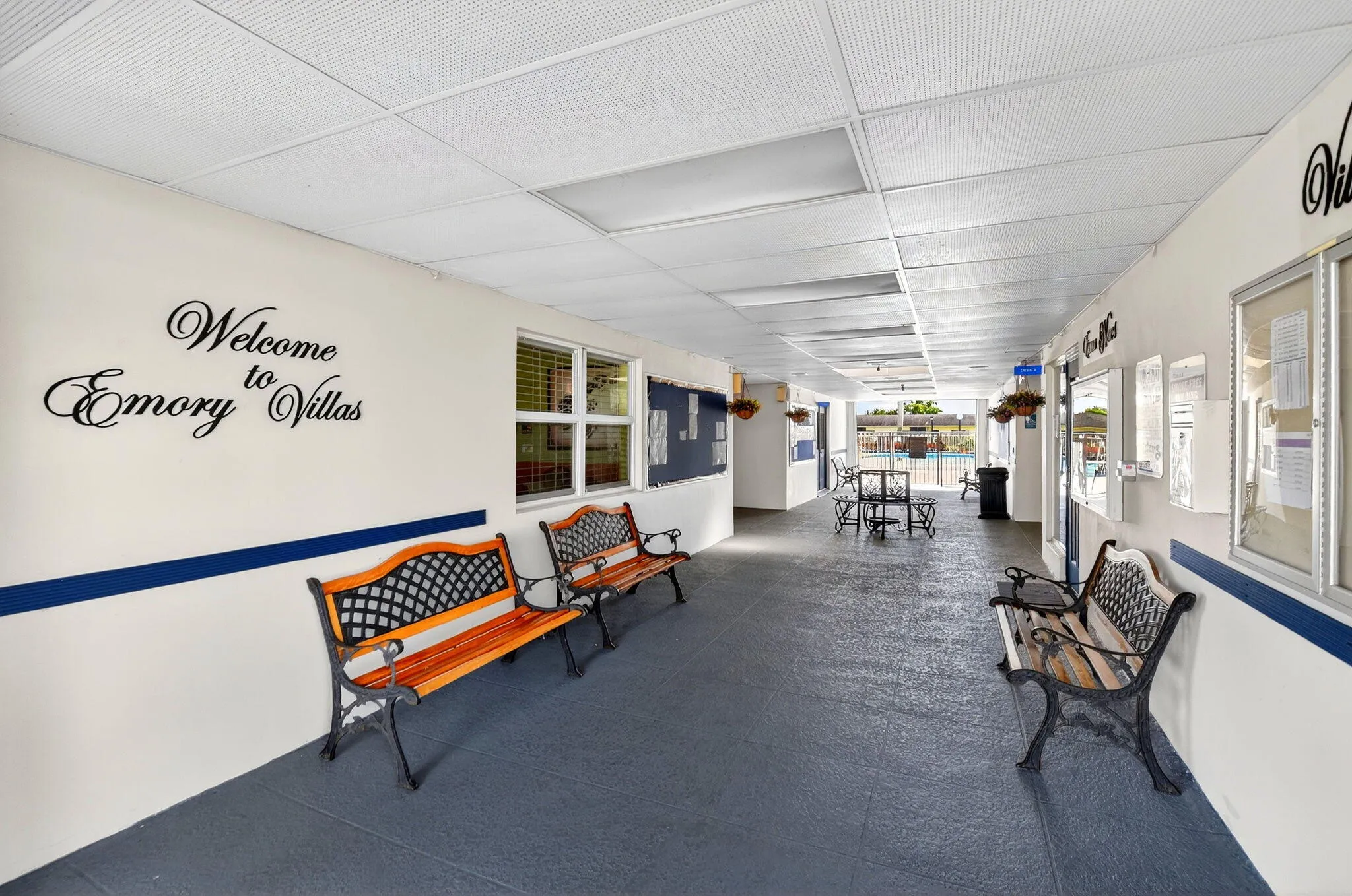 Inviting covered clubhouse walkway.