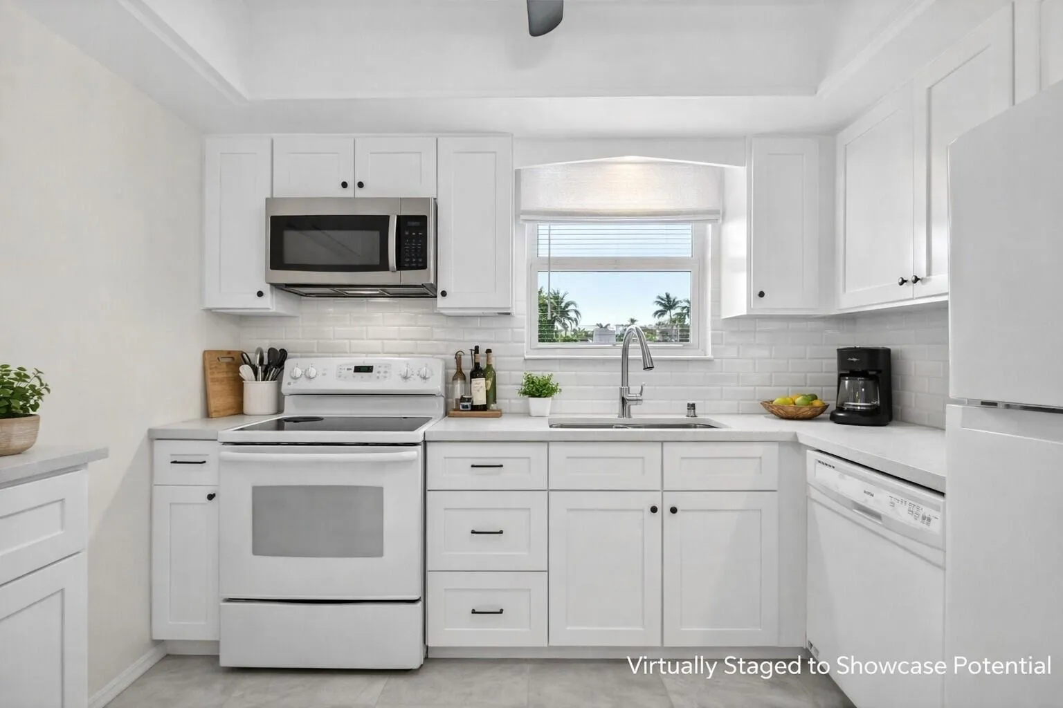 Functional layout with ample cabinetry and window above sink.