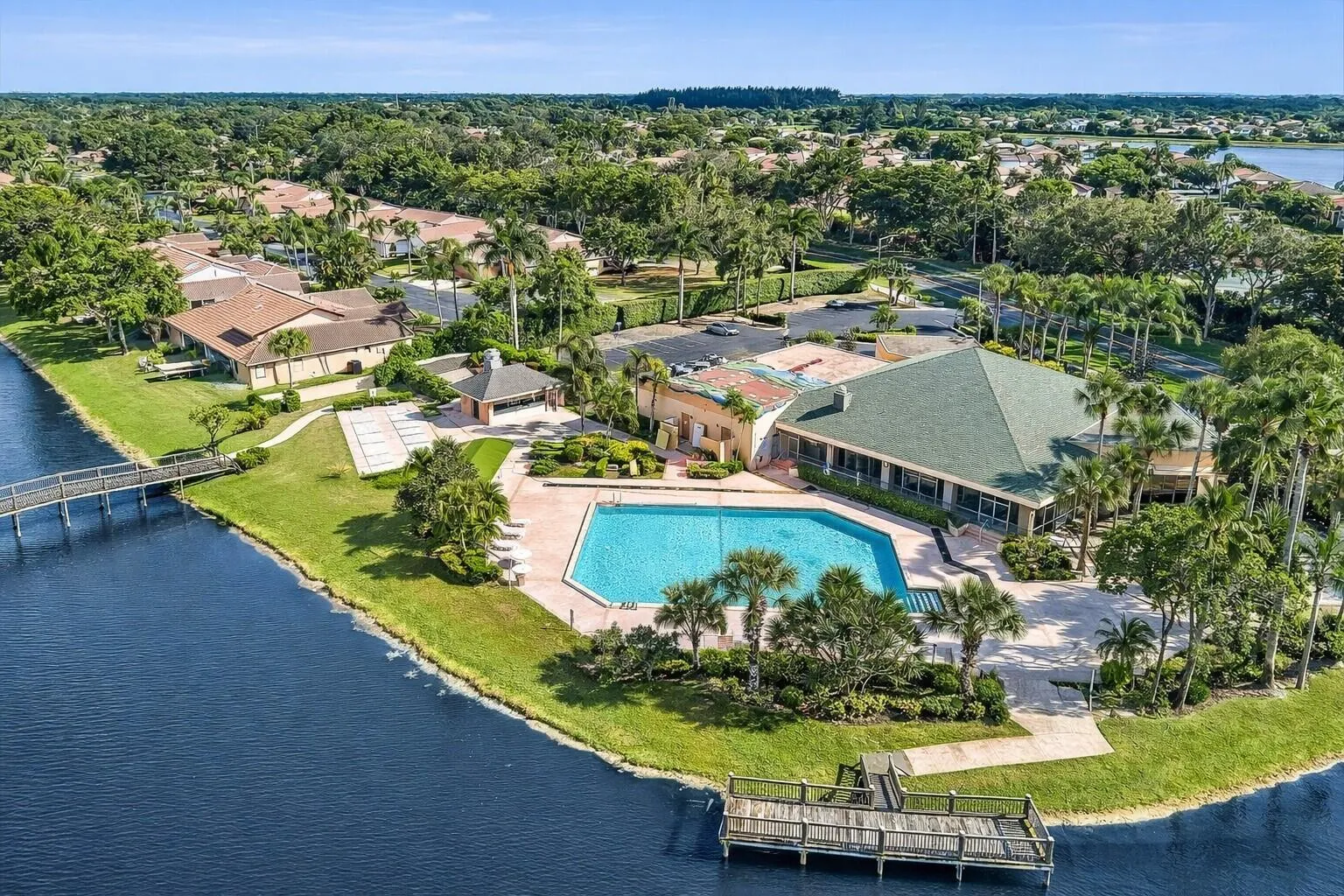 Resort style club house with scenic lakefront views.