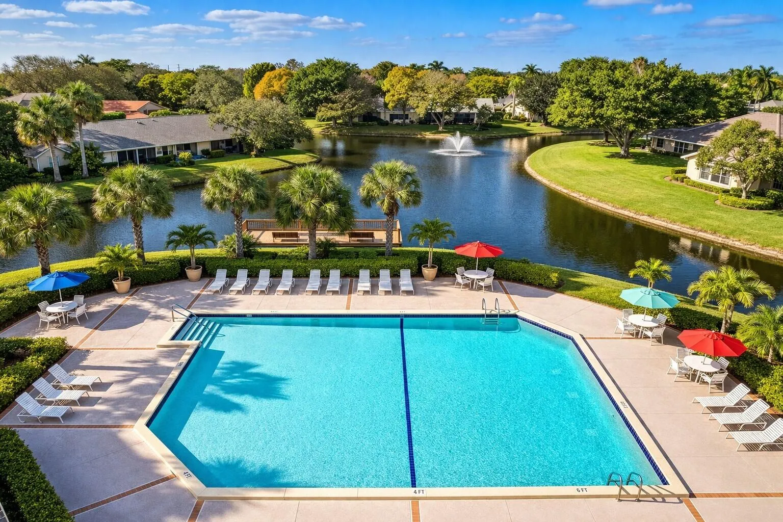 Resort style pool overlooking lake with fountain & tropical setting.