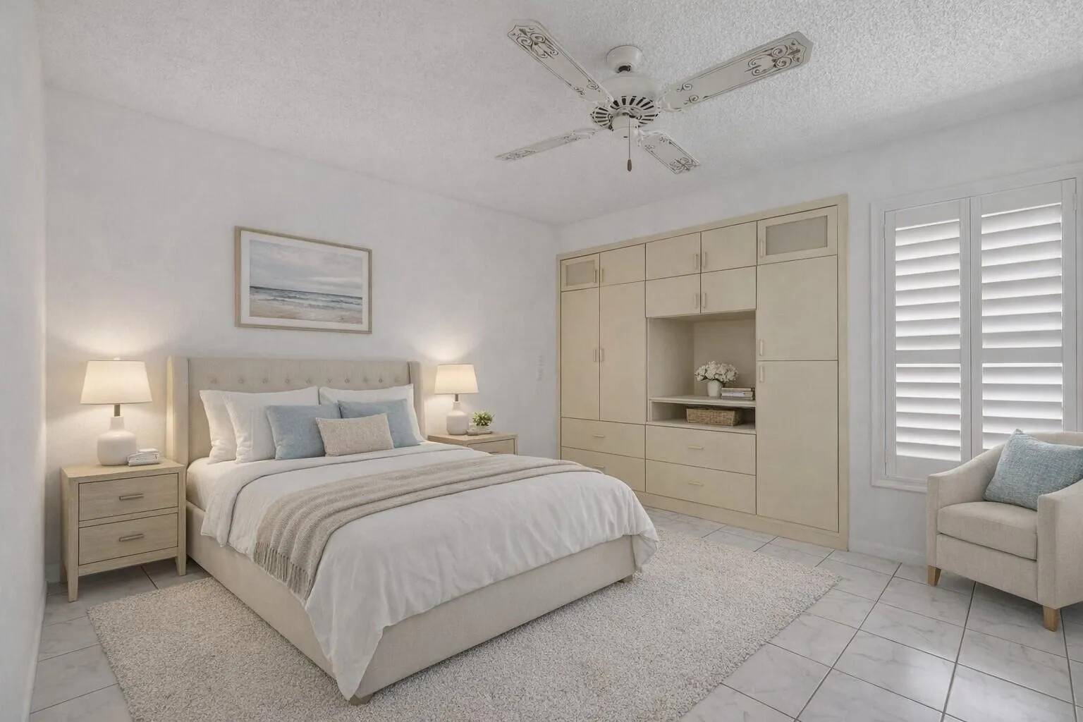 Virtually staged to showcase bedroom layout & functional storage space.