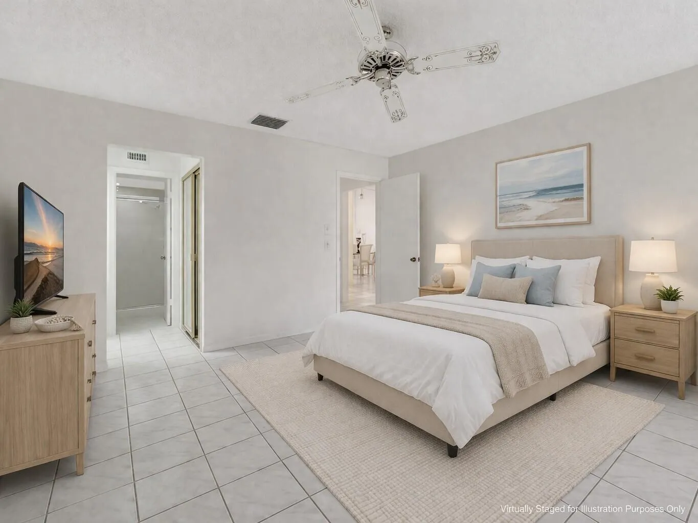 Virtually staged to showcase bedroom layout and comfortable living space.