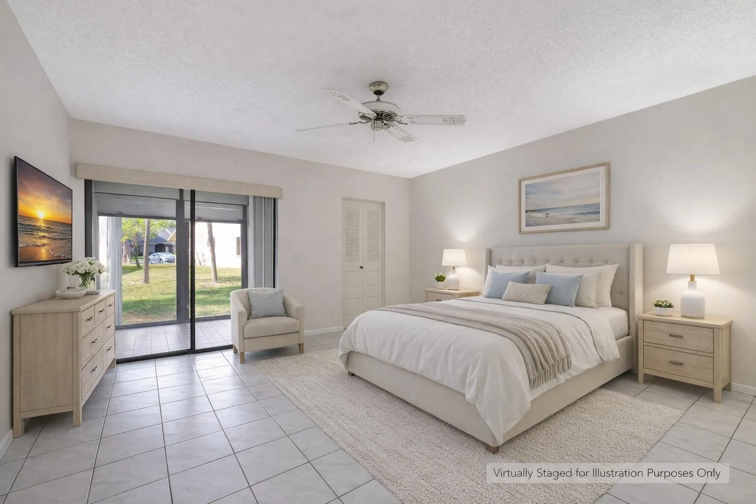 Virtuallu staged to highlight bedroom size & indoor outdoor flow.