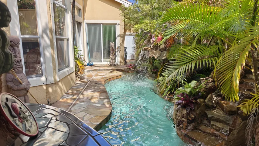 Pool view from patio tiki bar
