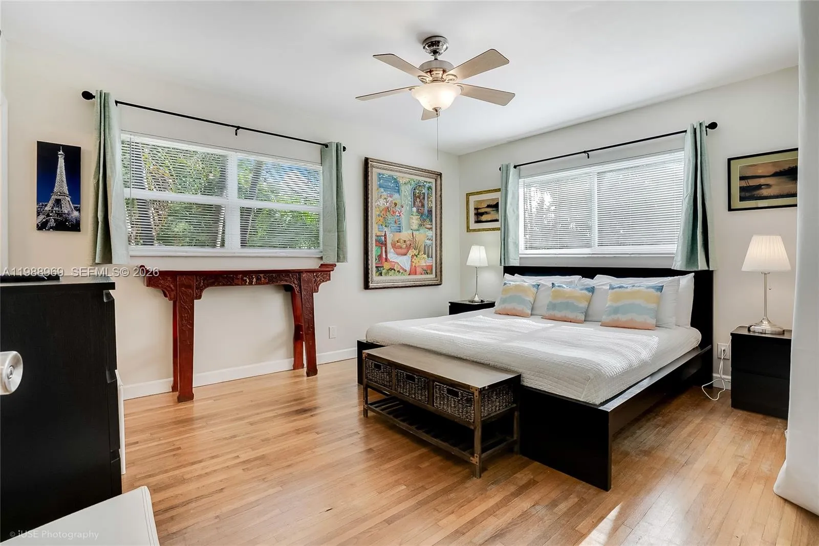 Master bedroom with its private bathroom with a huge shower. a king size bed and a smart TV
