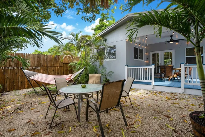 Private fenced in backyard under a huge mango tree.