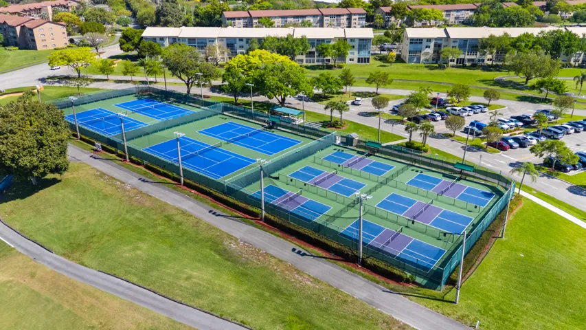 Multiple courts available for tennis and pickleball, supporting an active lifestyle.