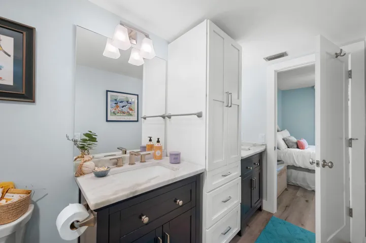 Gorgeously remodeled with quartz counters and pebble tile shower.