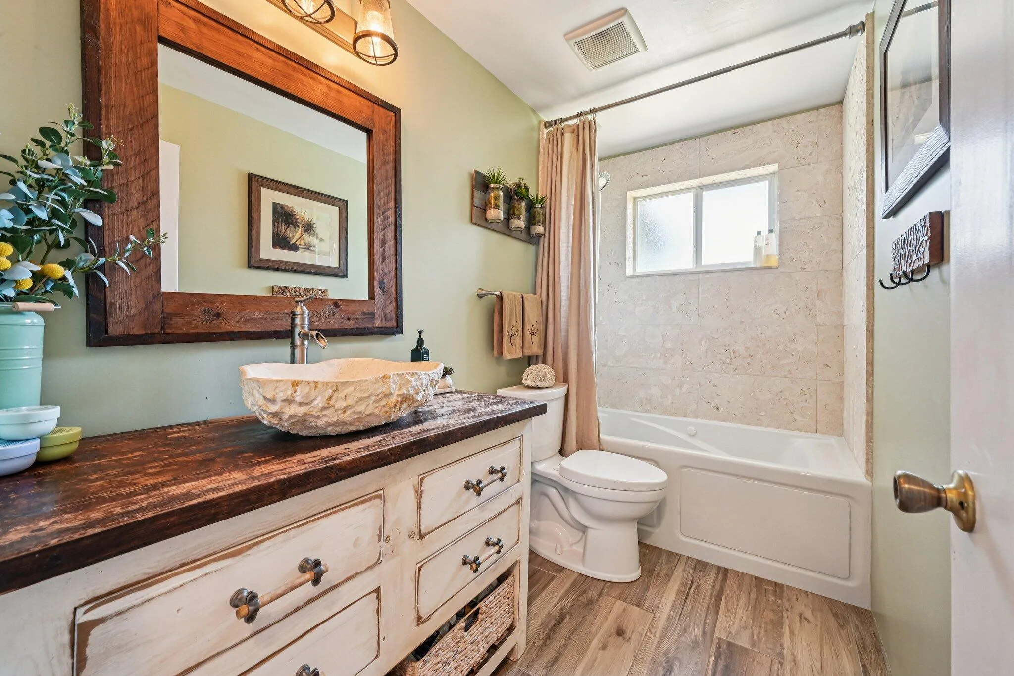 Stunning custom guest bath with Florida coral walls