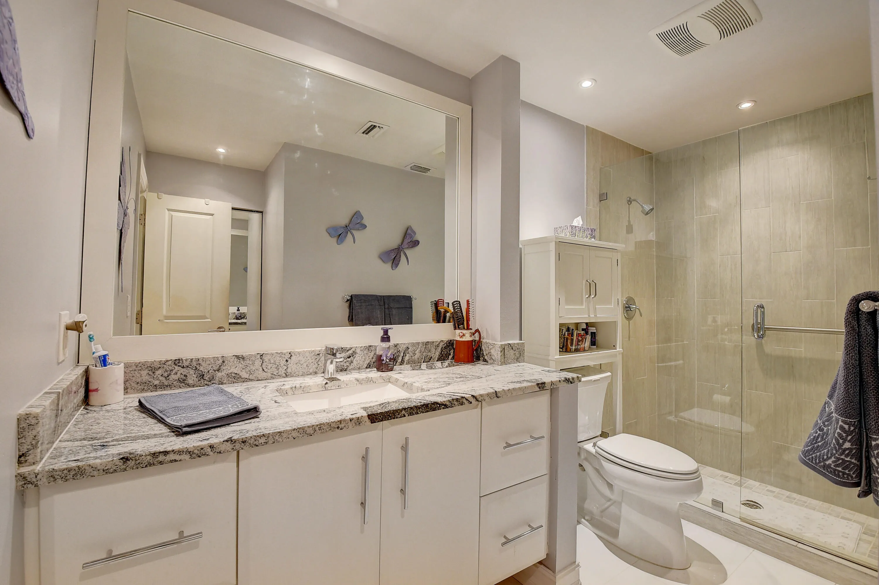Main Bath, granite countertop, shower stall with frameless door
