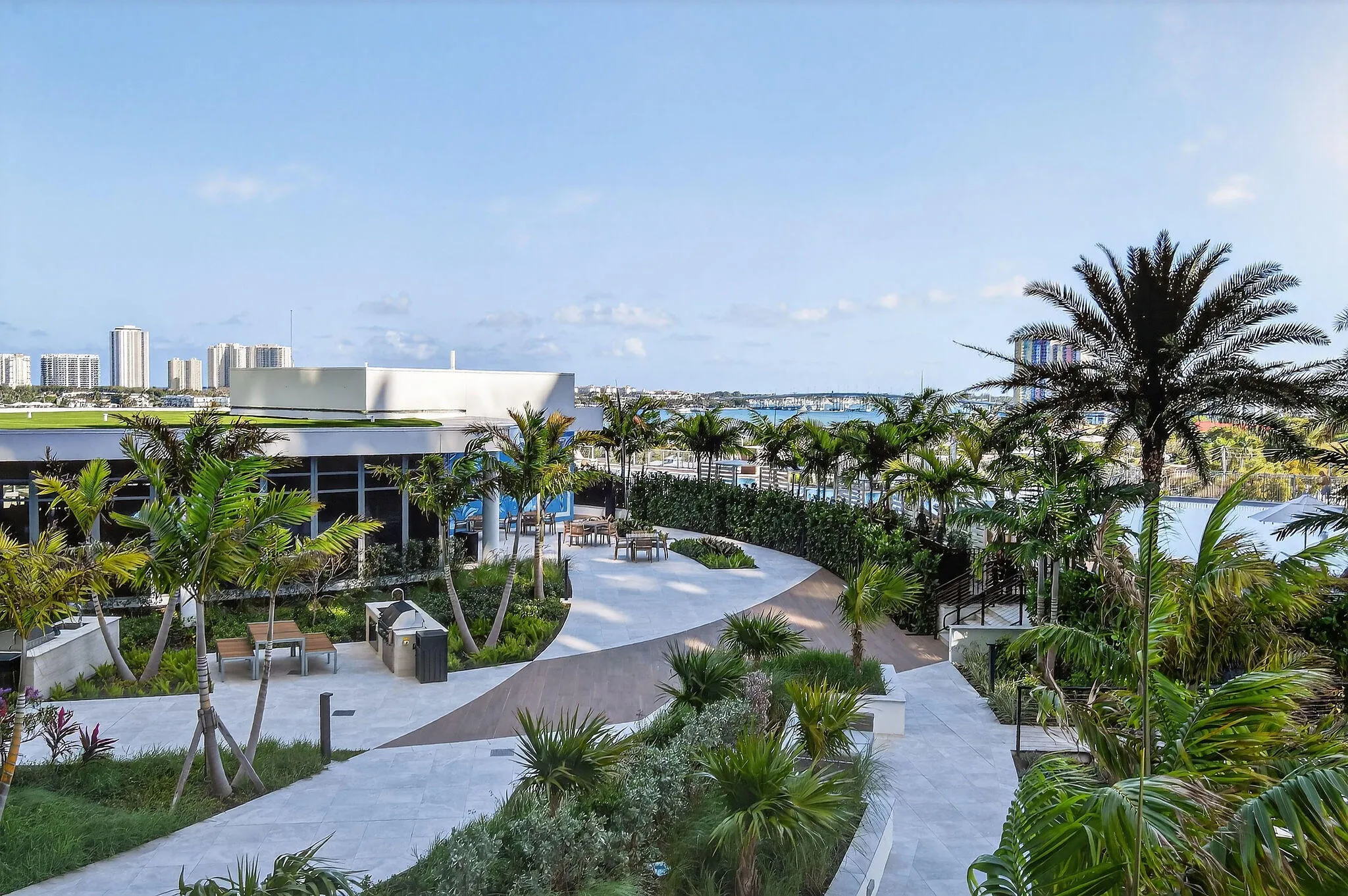 There are beautiful walkways and sitting areas throughout the property.