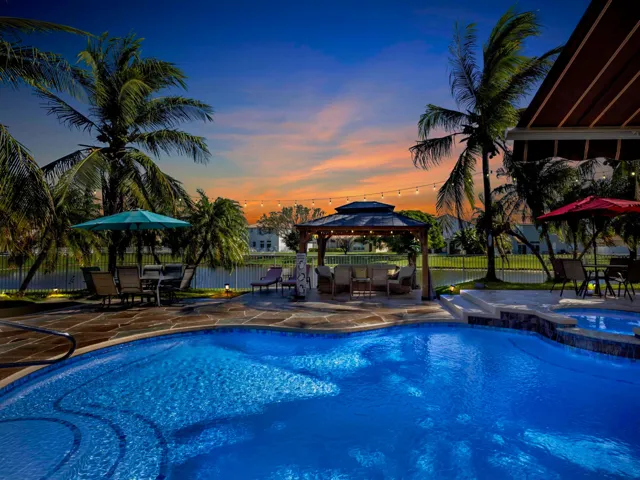 Pool to Gazebo and waterfront Dusk
