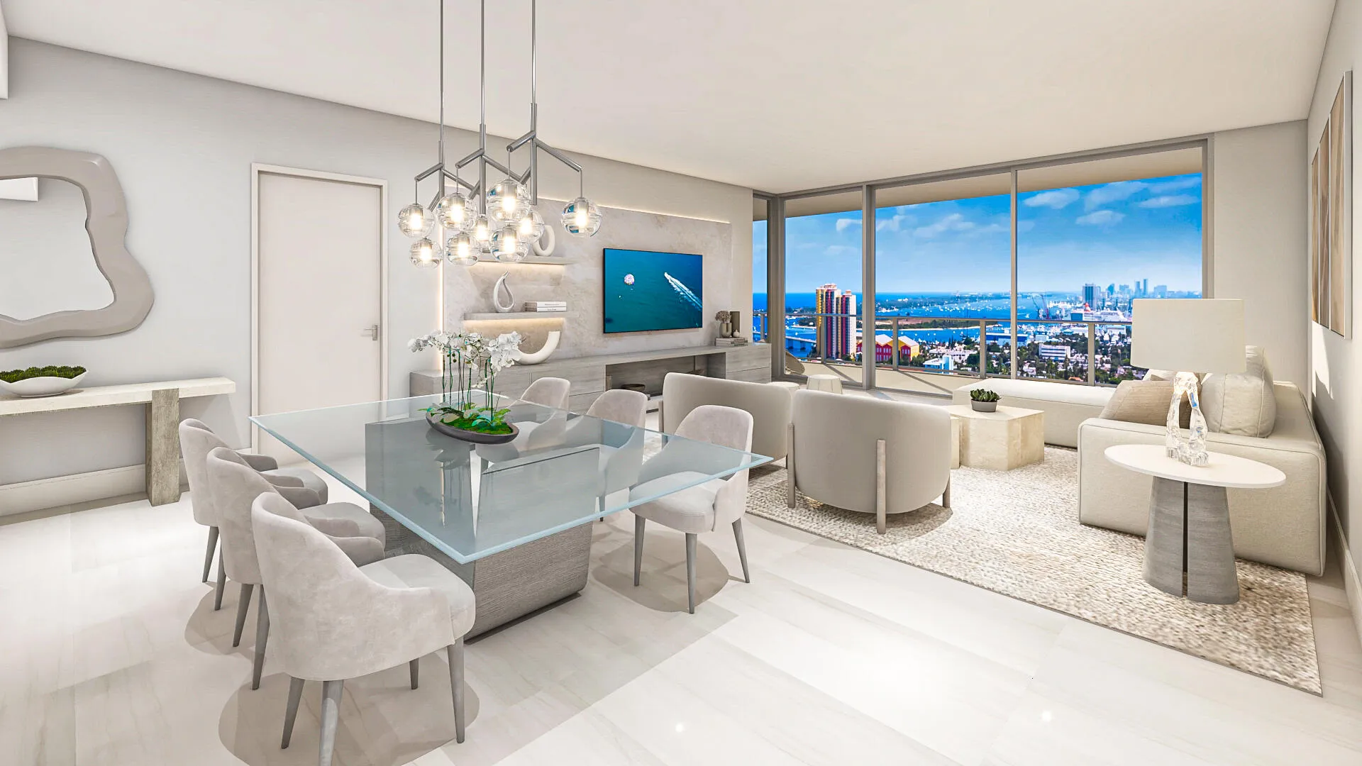 A.10 Dining Room Living Area Great Room Furnished Rendering; Terrace