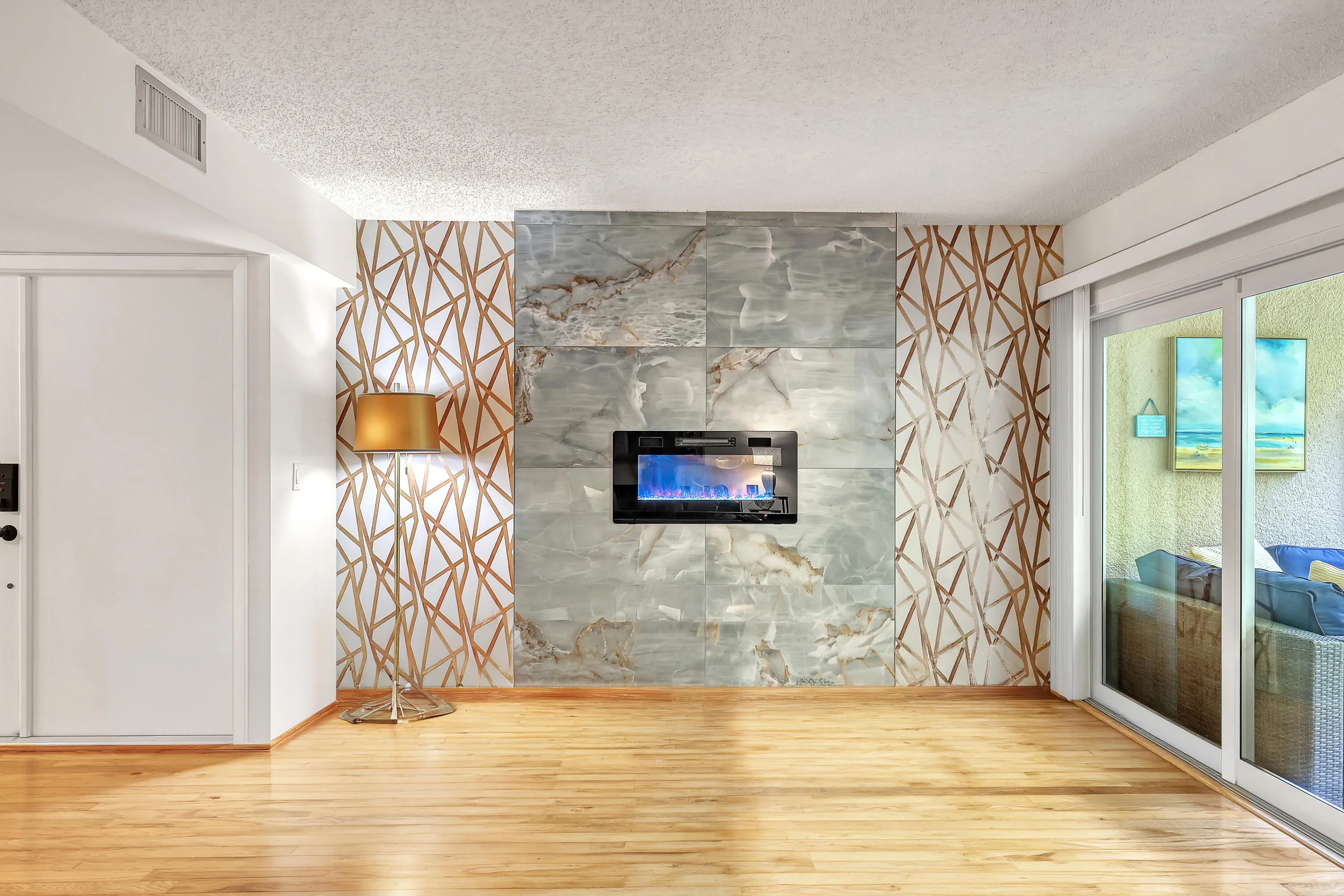 Fireplace is electric has a heater option if ever needed
