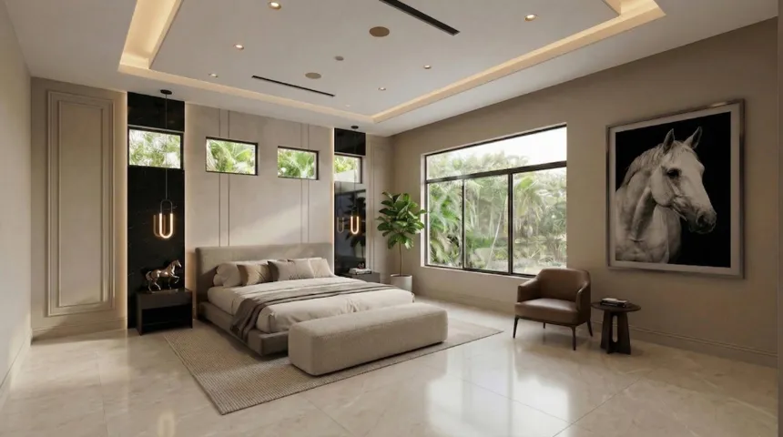 Primary Suite with two walk in closets boasting 490 sqft. of storage space and morning refreshment bar.