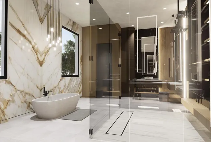Primary Bath Suite with jetted soaking tub, steam shower, on demand frosted privacy windows, double vanities and double water closets.