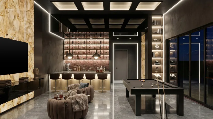 Game/ Recreation room, smart home audio and video, with direct pool deck access.
