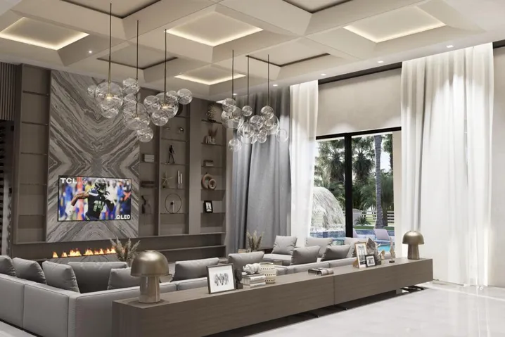 Living room with 16.5 ft. angled beam ceiling, Sonos audio, pool deck access, and custom lighting throughout the home.