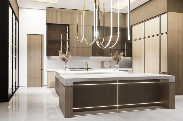Chefs Kitchen features double island, quartzite counters, and custom cabinets surrounding the Miele and Sub Zero appliances