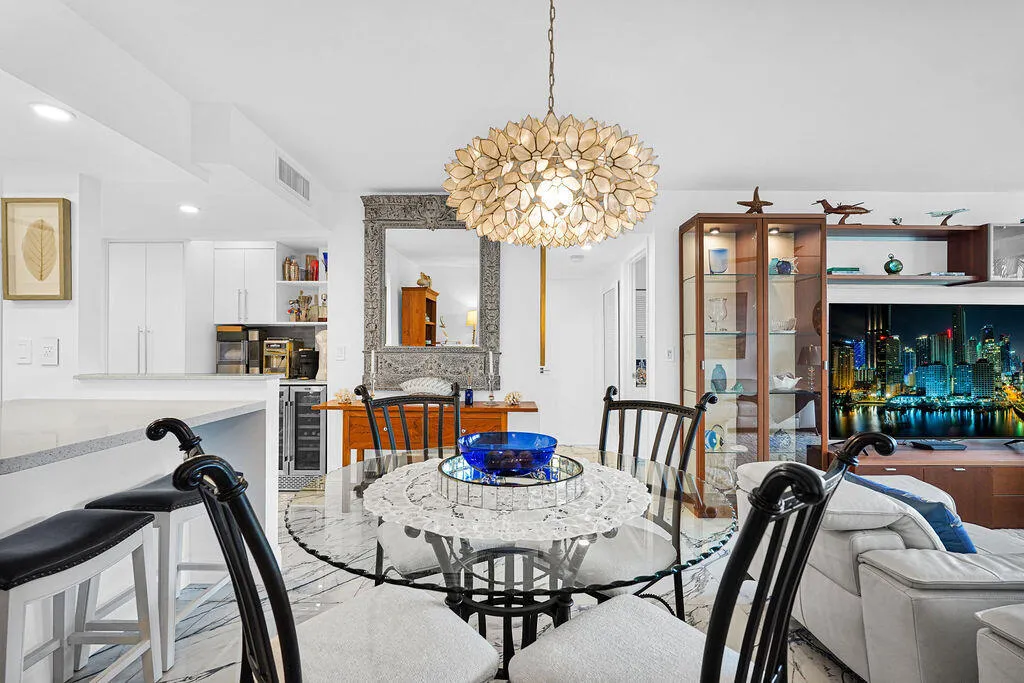 Dining area with beautiful chandelier included