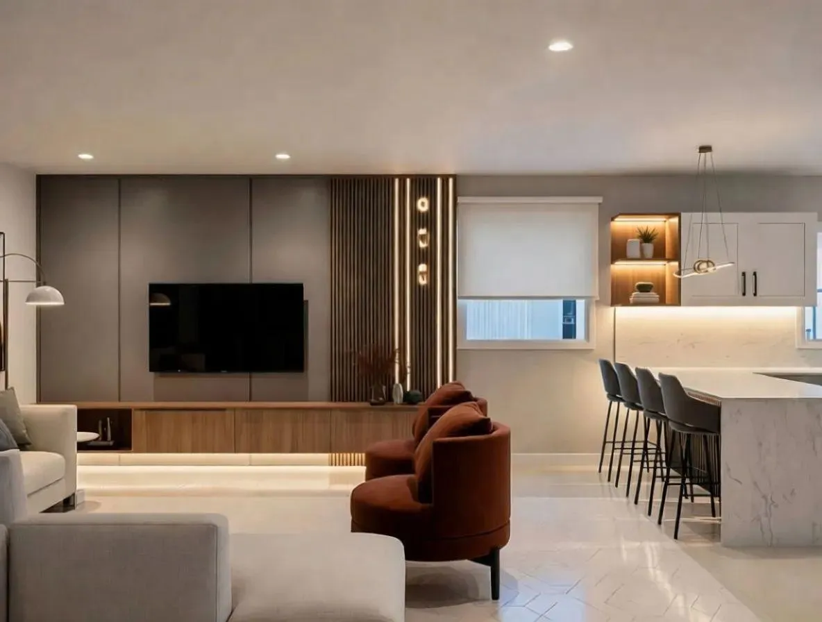 Designer wall panels and custom built-ins professionally installed and included with the home