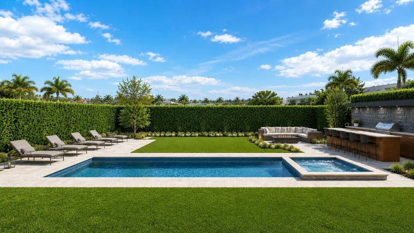 This image has been virtually staged to showcase the backyard and pool area's potential.