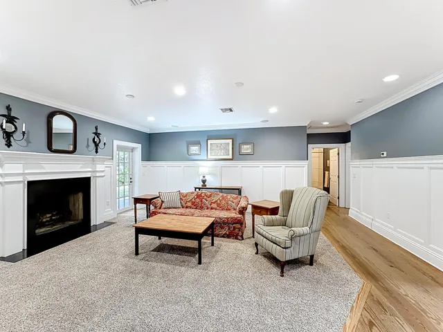 View of living room and fireplace