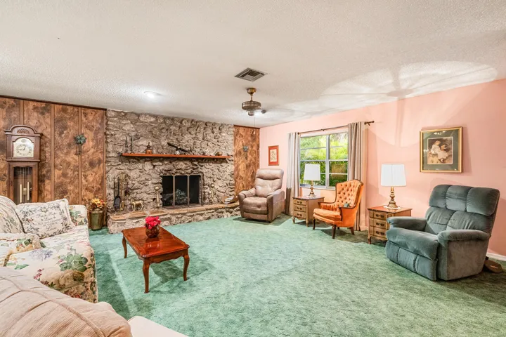 River rock wood-burning fireplace