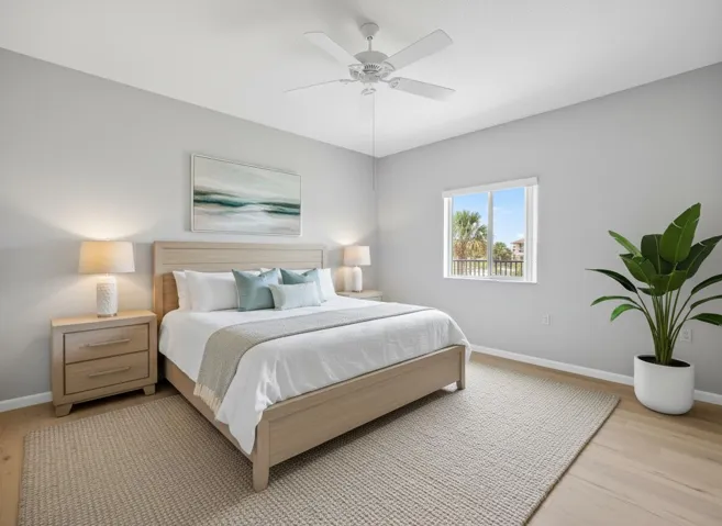 Huge master with vaulted ceilings and view of the marina.