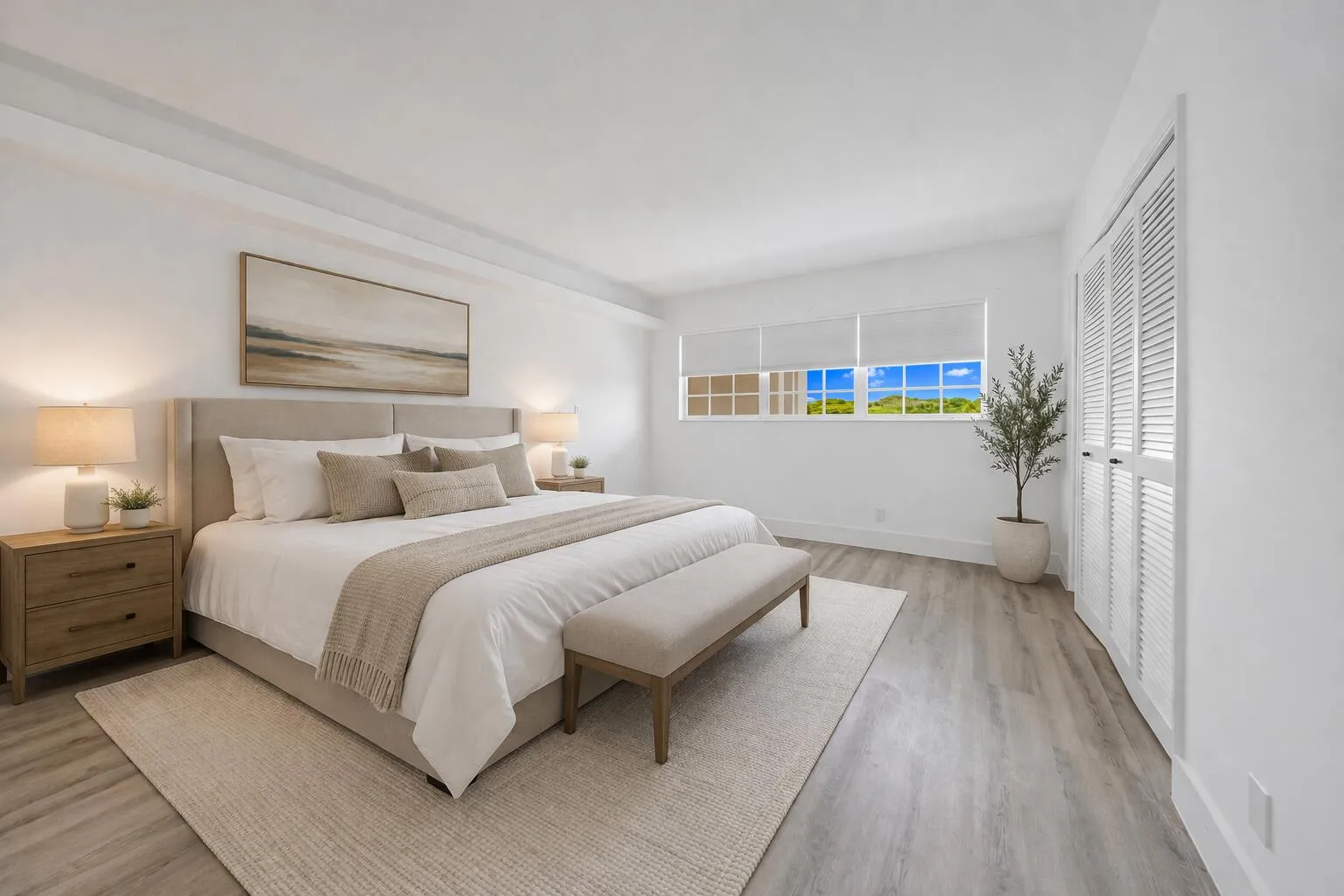 Modern minimalist bedroom with natural l