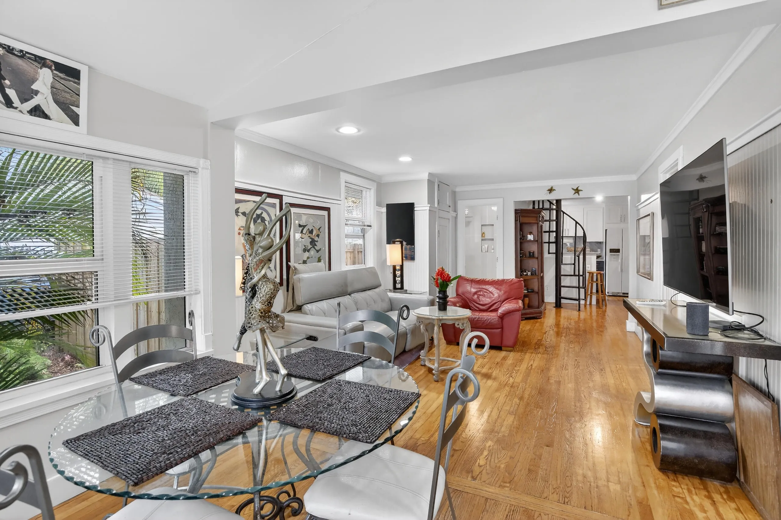 view from entrance into living room and dining area