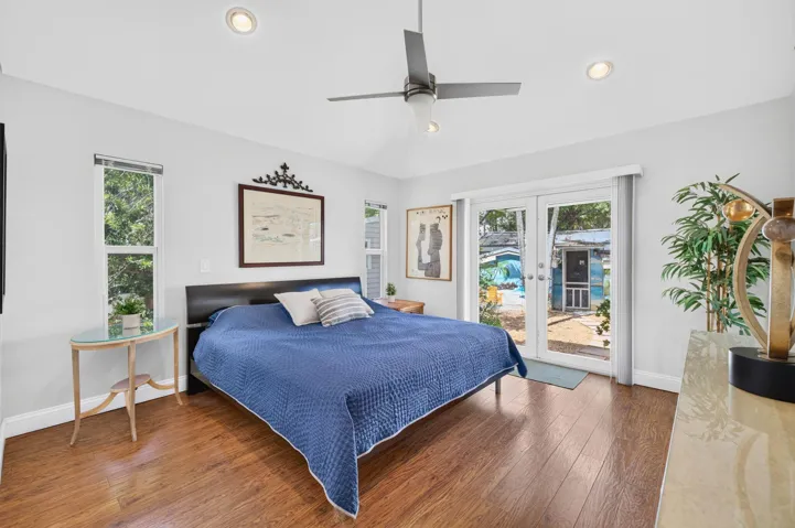 Vaulted ceiling in primary bedroom, king size bed