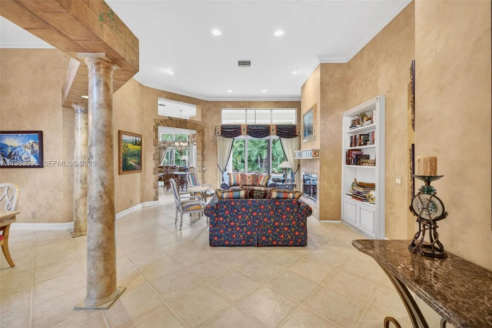 Foyer entrance with open concept view to back yard, volume ceilings and high hat lighting plus tile on diagonal Foyer entrance with open concept view to back yard, volume ceilings and high hat lighting plus tile on diagonal