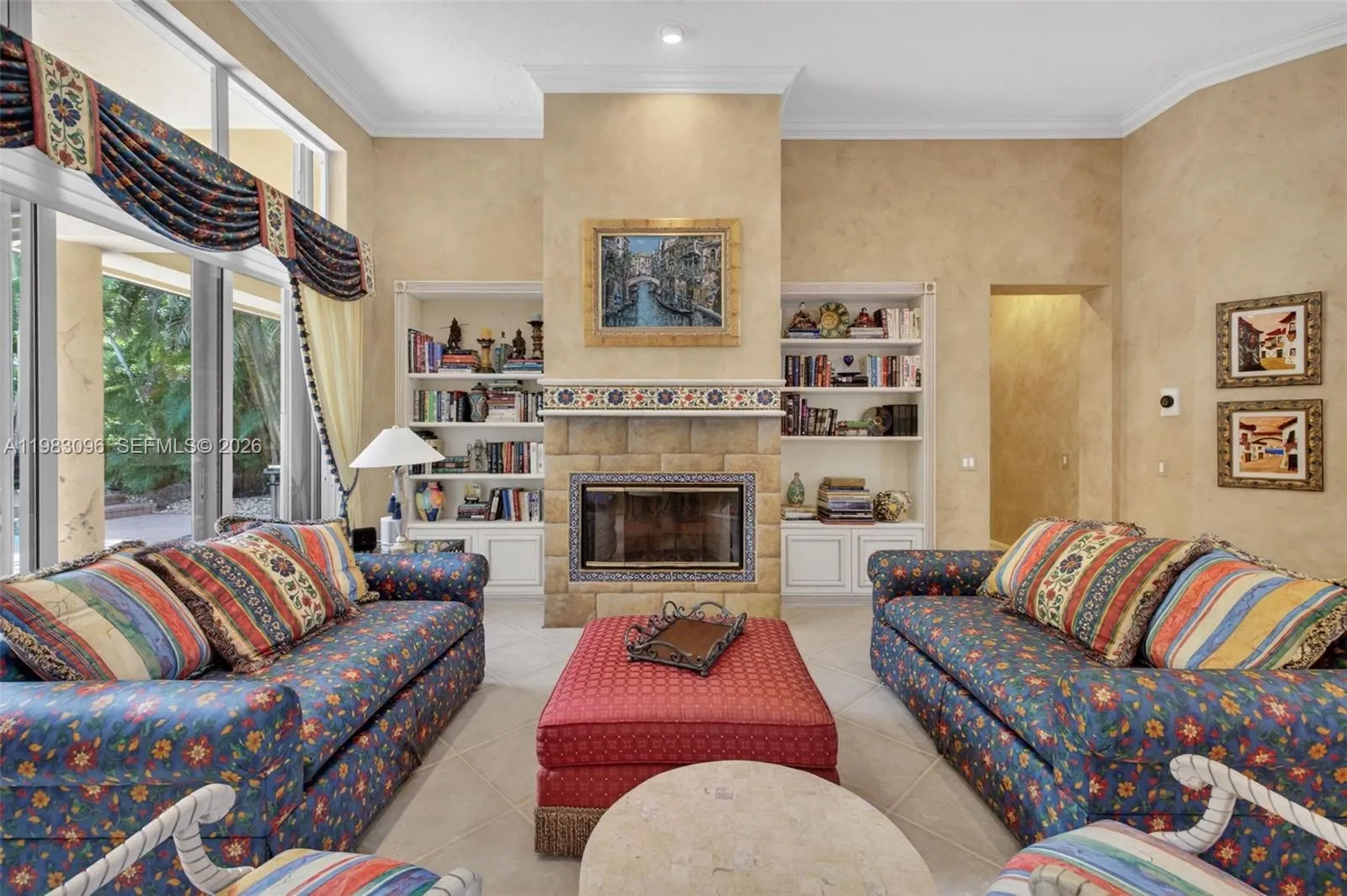 Wood burning fireplace, built in book shelves, volume ceilings, Beautiful handpainted murals and finishes resemble an al fresco restaurant in Europe Wood burning fireplace, built in book shelves, volume ceilings, Beautiful handpainted murals and finishes resemble an al fresco restaurant in Europe